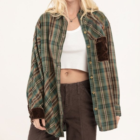 UO BDG Kit Patchwork Top Plaid Printed Tunic Shirt L - Picture 1 of 6